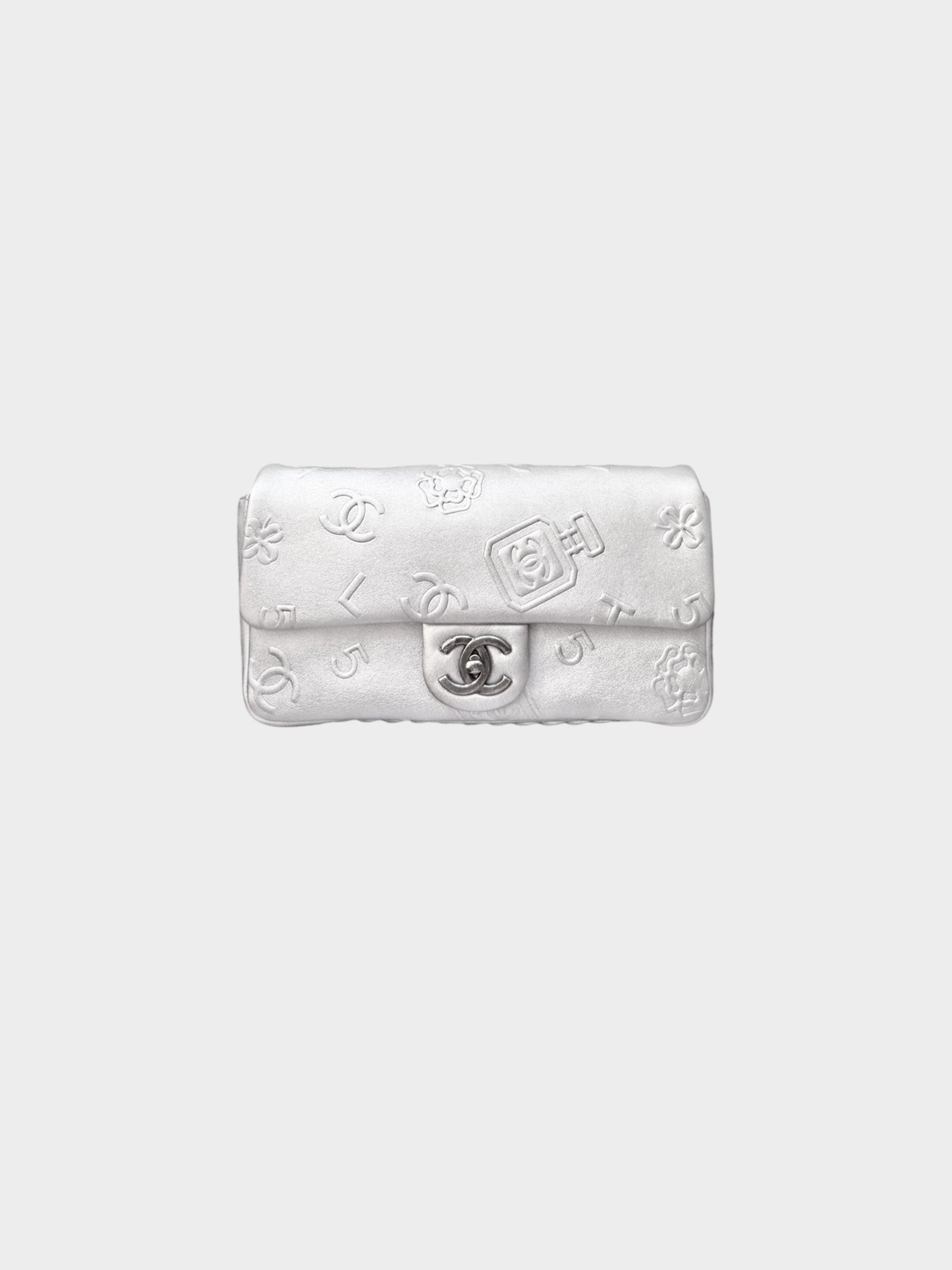 Chanel 2009-2010 Metallic Silver Lambskin Symbols Classic Medium Single Flap Bag