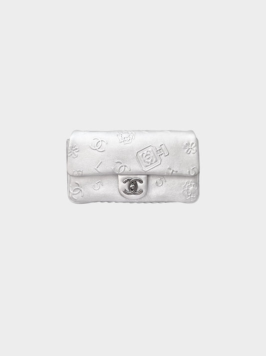 Chanel 2009-2010 Metallic Silver Lambskin Symbols Classic Medium Single Flap Bag