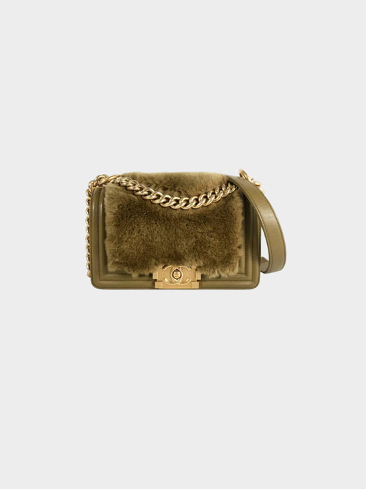 Chanel 2016-2017 Khaki Green Le Boy Lambskin and Fur Small Flap Bag