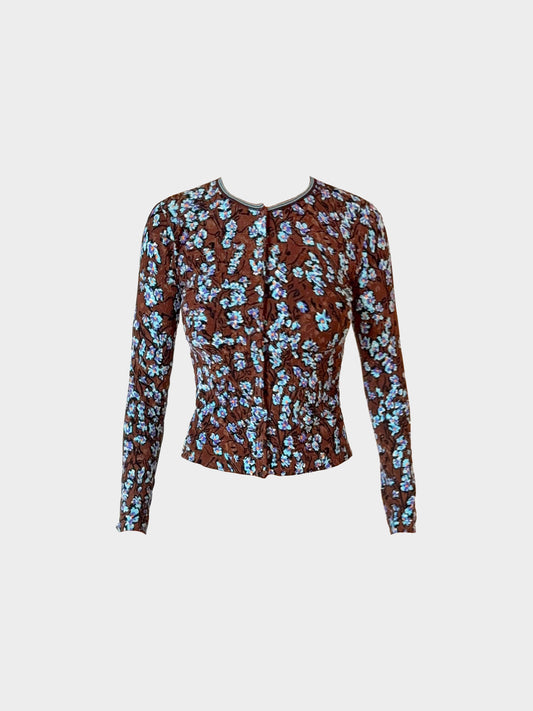 Blumarine 2000s Brown and Blue Floral Print Long-Sleeved Top
