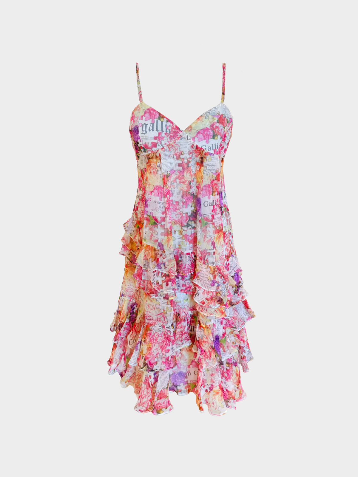 John Galliano 2000s Multicolor Gazette Newspaper Floral Print Ruffled Silk Mini Dress