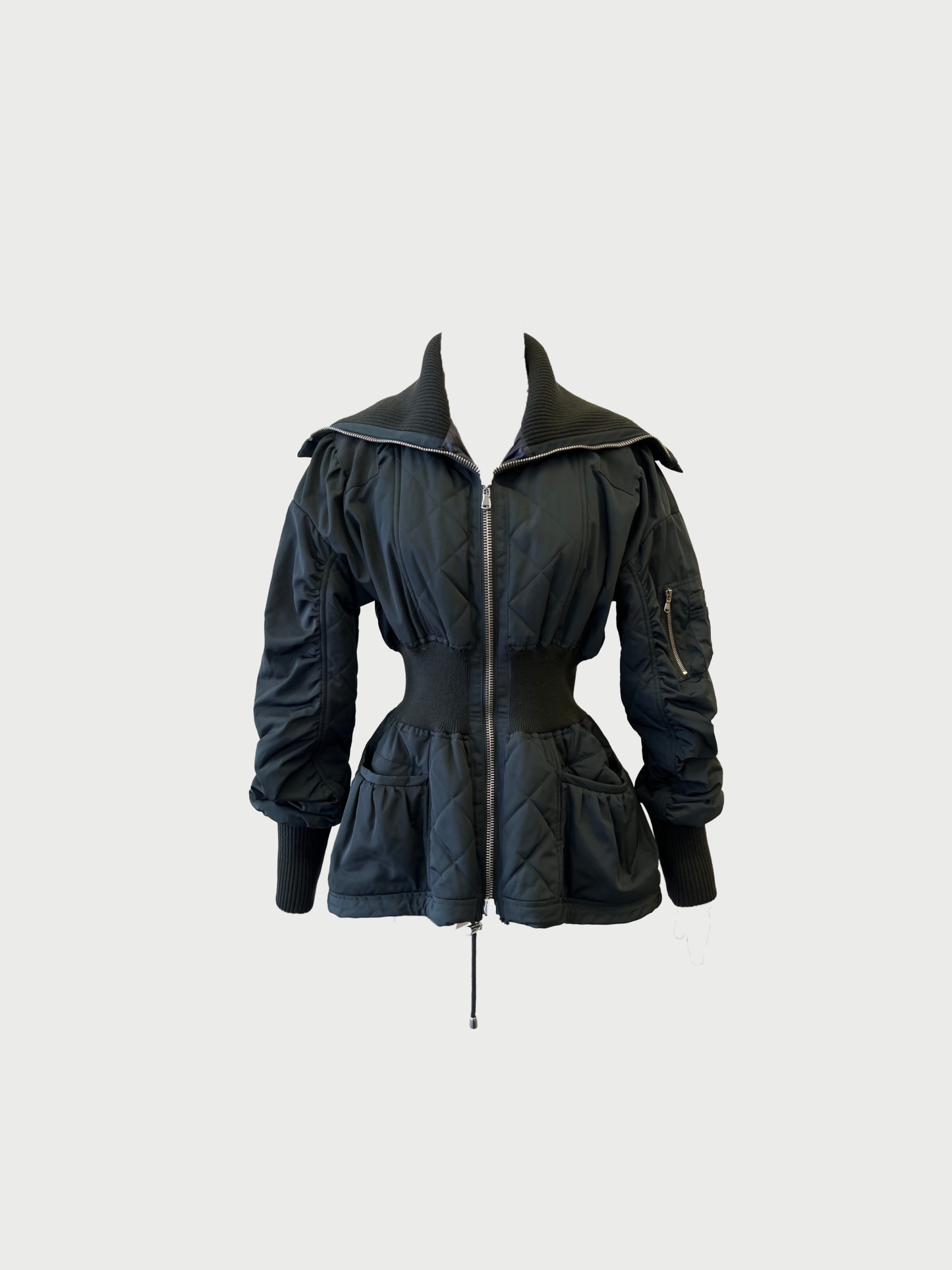 Alexander McQueen 2020s Dark Green Quilted Nylon Peplum Bomber Jacket