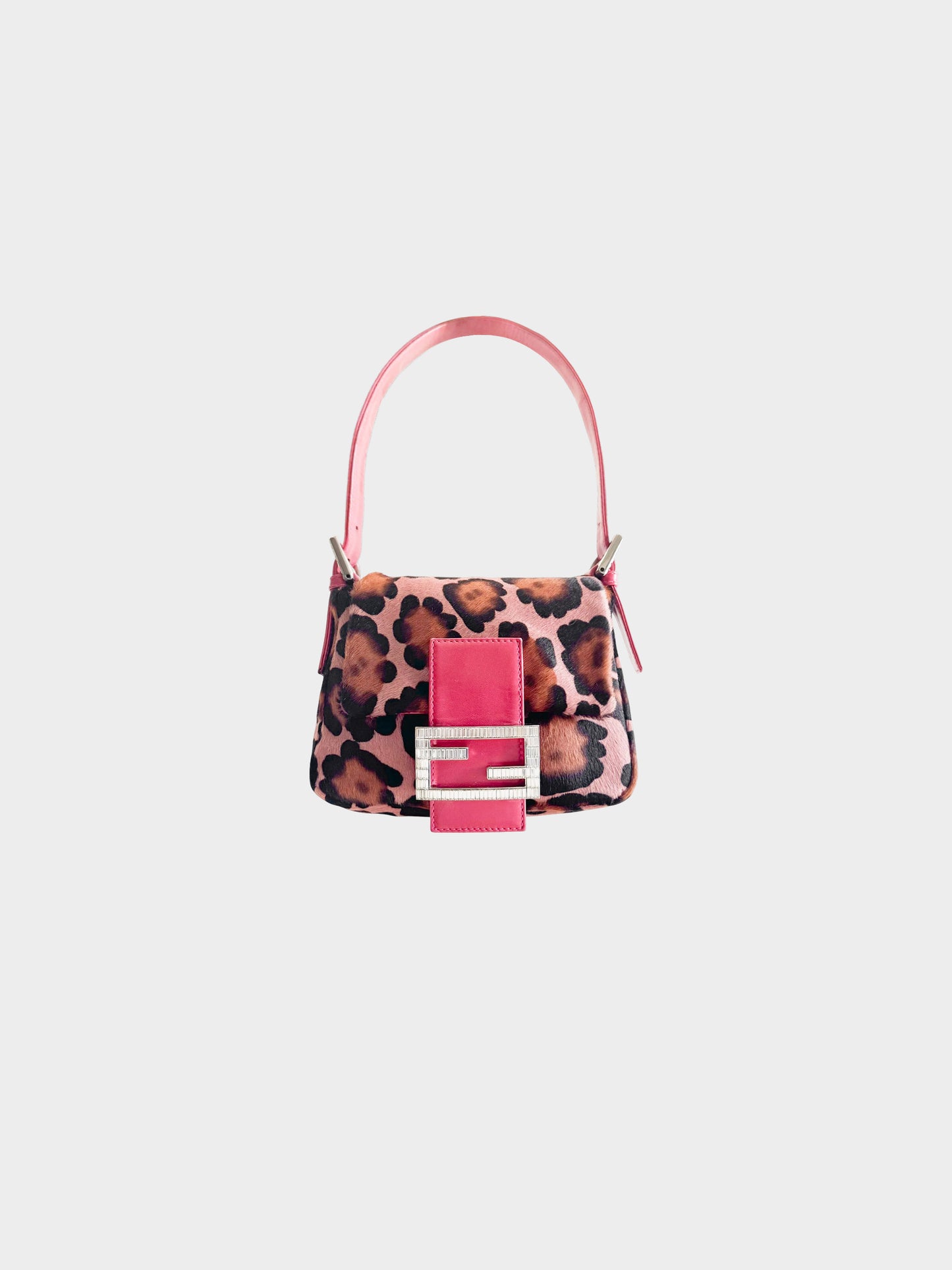 Fendi 2000s Pink Leopard Print Pony Hair Mini Square Baguette