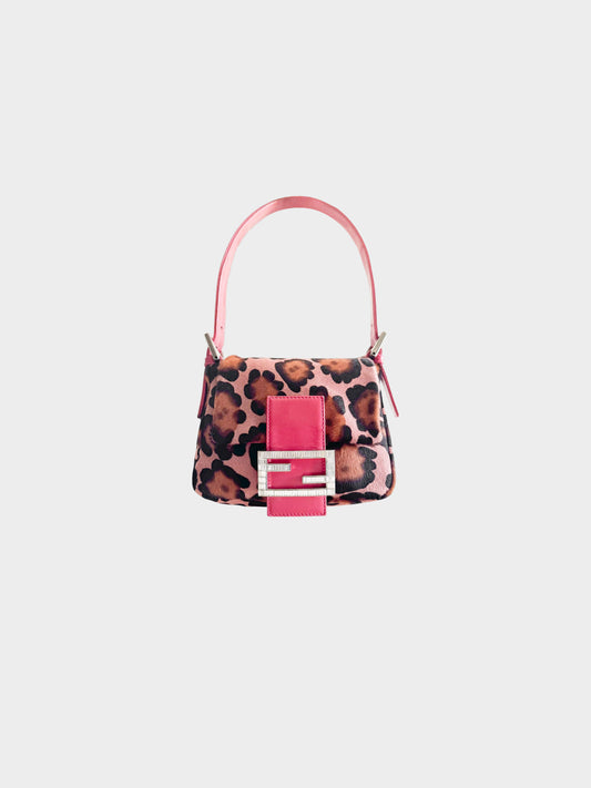 Fendi 2000s Pink Leopard Print Pony Hair Mini Square Baguette