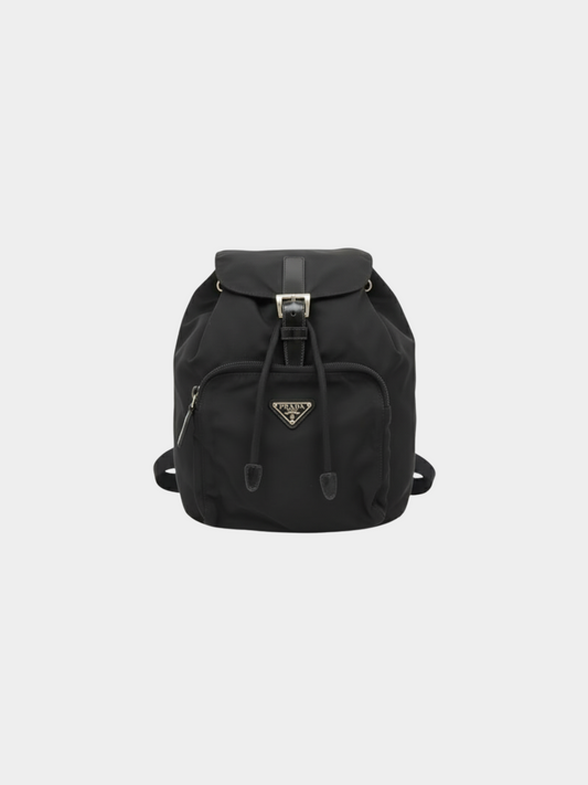 Prada 1990s Black Nylon and Leather Triangle Logo Backpack