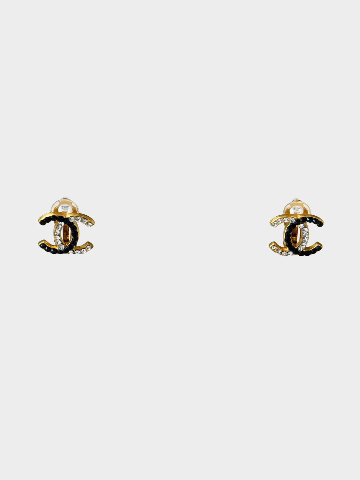 Chanel 2020s Gold Black Crystal Bicolor Strass CC Stud Earrings
