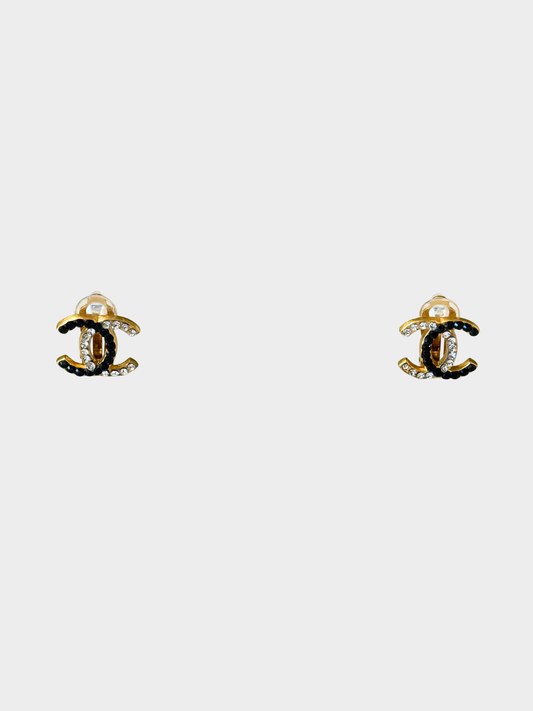 Chanel 2020s Gold Black Crystal Bicolor Strass CC Stud Earrings