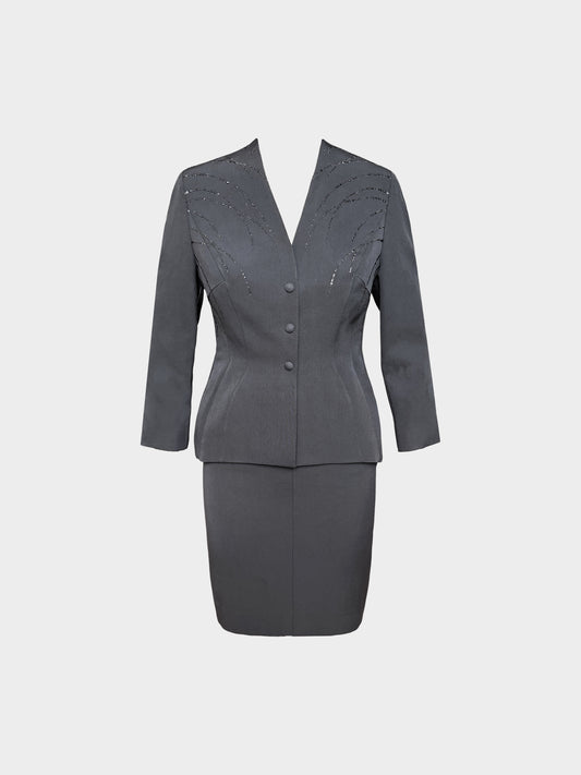 Thierry Mugler 1980s Grey Wool Swarovski-embellished Blazer and Skirt Set