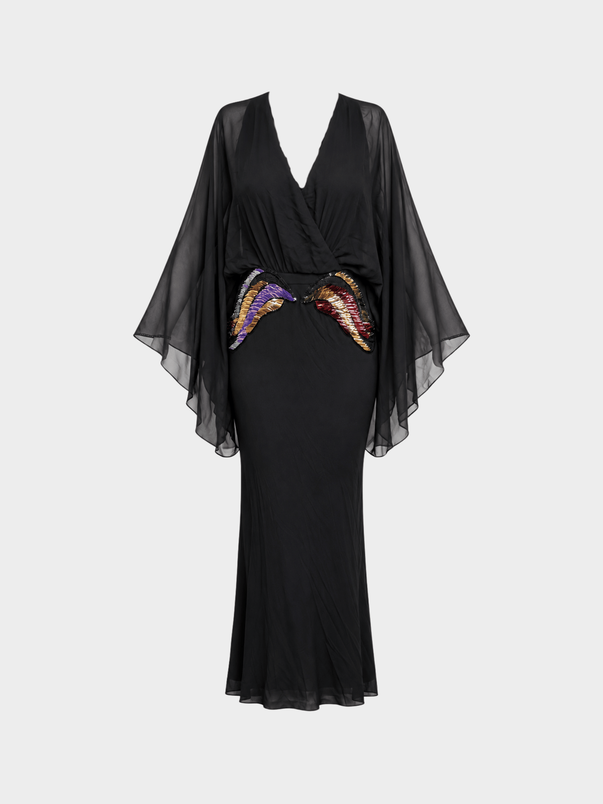 Gucci 2000s Black Multicolor Sequin Embellished Draped Kaftan Evening Gown