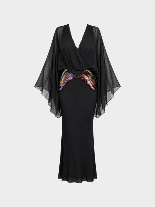 Gucci 2000s Black Multicolor Sequin Embellished Draped Kaftan Evening Gown