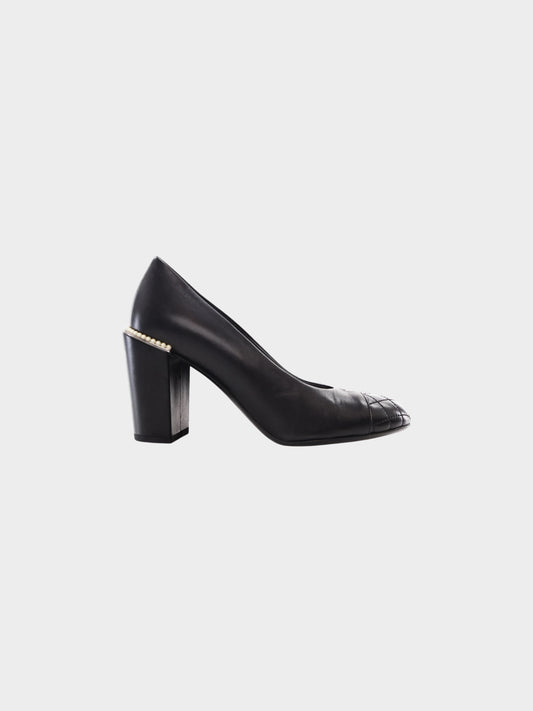 Chanel SS 2017 Black Leather CC Pumps with Faux Pearl Stacked Heels