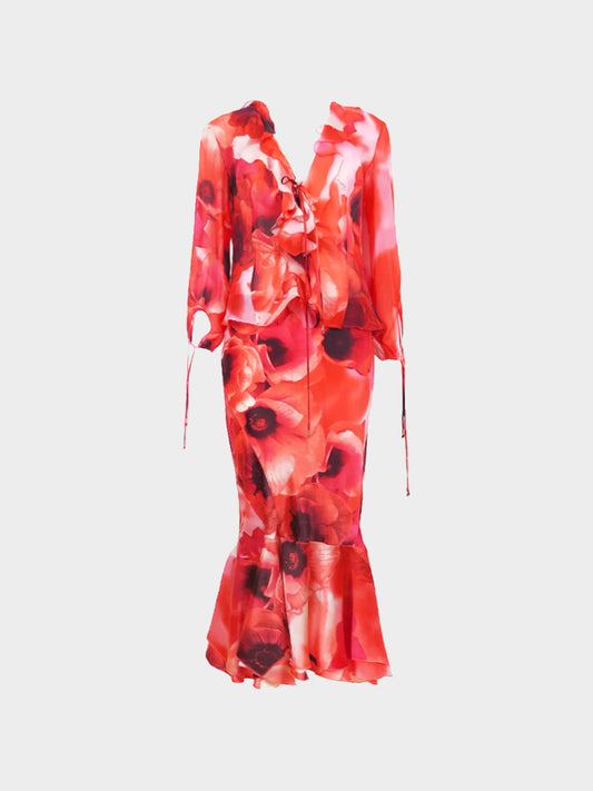 Roberto Cavalli SS 2003 Red Rose Printed Silk Top and Skirt Set