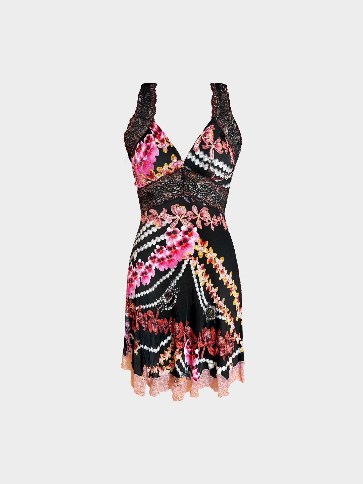 Roberto Cavalli 2000s Black and Multicolor Floral Orchid Print and Lace Dress