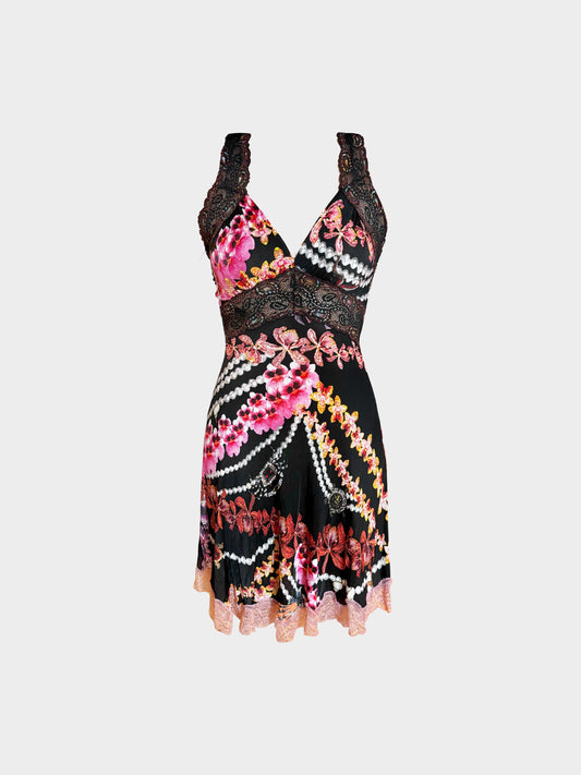 Roberto Cavalli 2000s Black and Multicolor Floral Orchid Print and Lace Dress