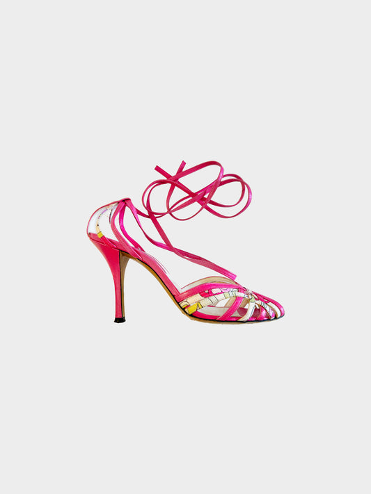 Emilio Pucci 2000s Pink Floral Ankle Wrap Strappy Heels