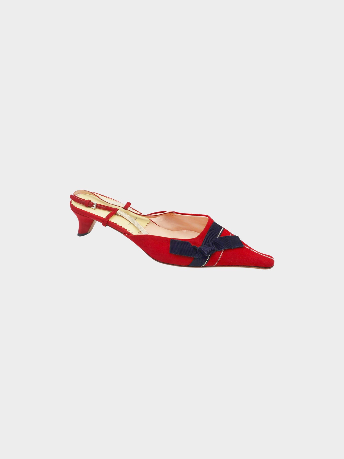 Prada 2000s Red Crepe and Navy Grosgrain Bow Slingback Pumps