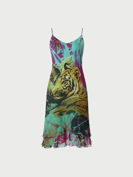 Roberto Cavalli 2000s Multicolor Tiger Print Silk Slip Dress