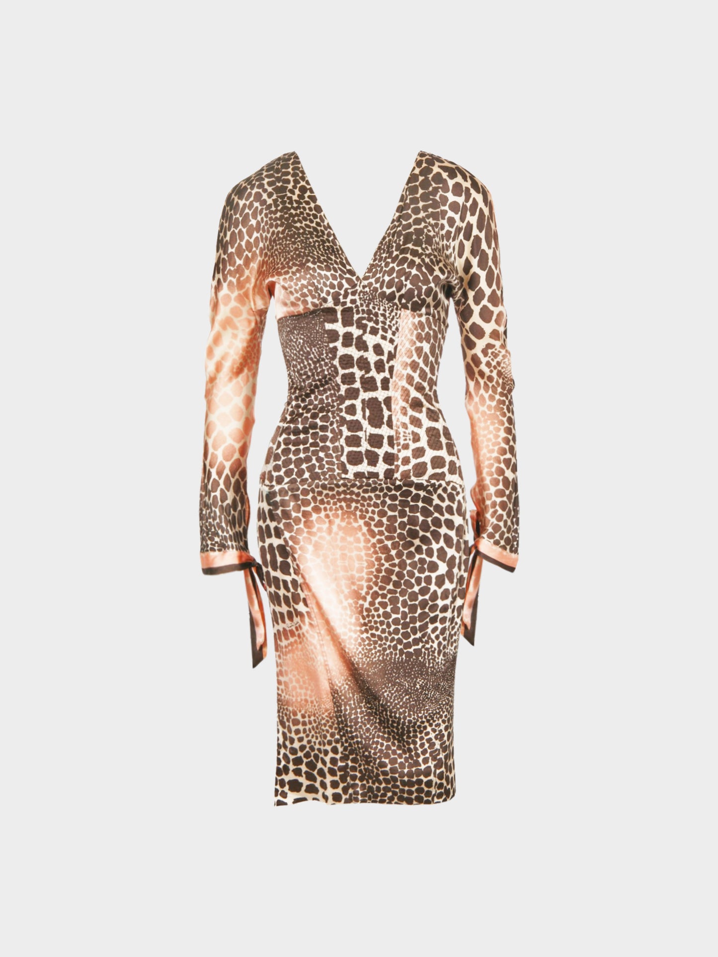 Roberto Cavalli SS 2004 Pink and Brown Silk Giraffe Print Corset Dress