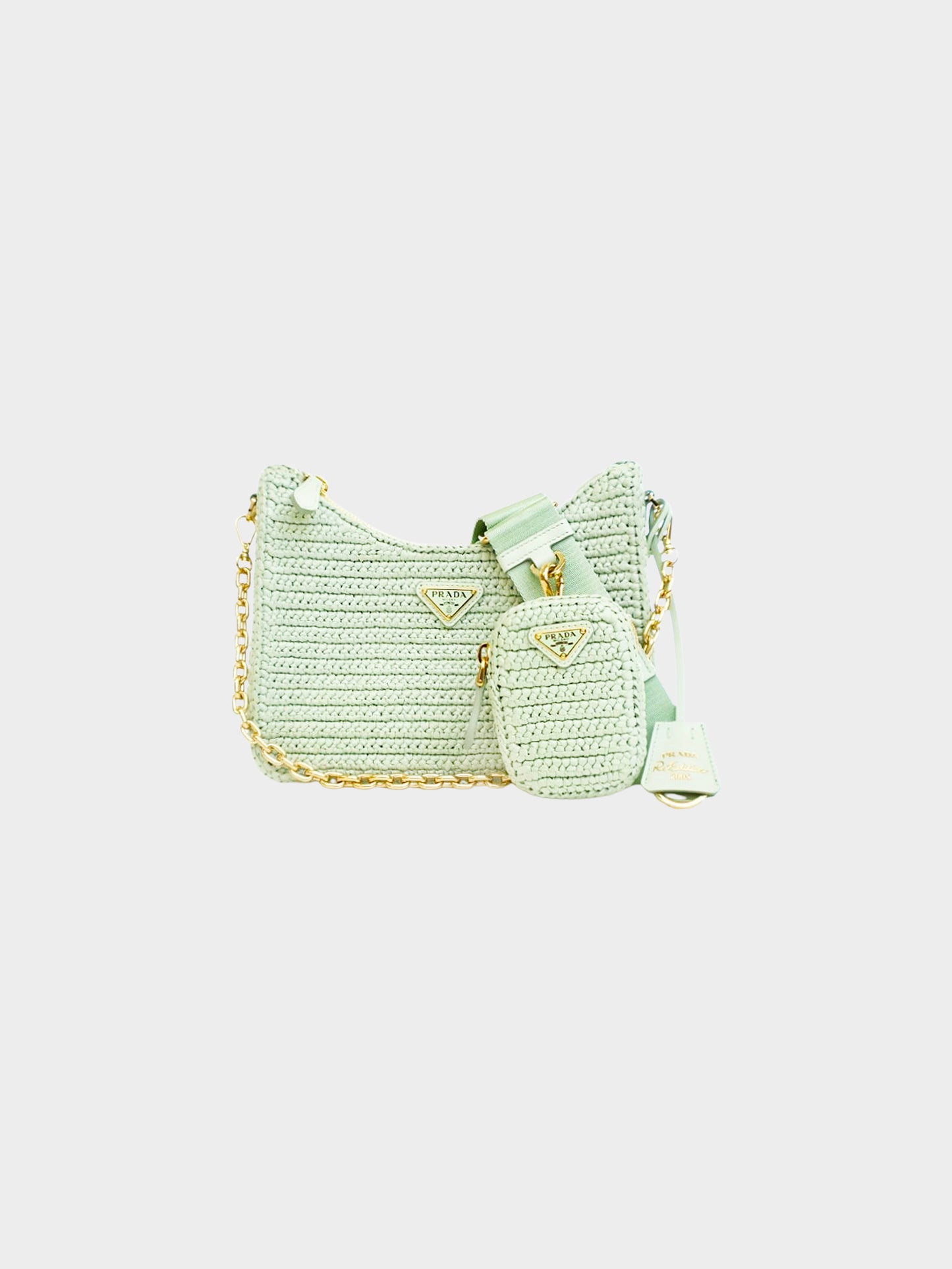 Prada 2010s Mint Green Raffia Crochet Re-Edition  Shoulder Bag