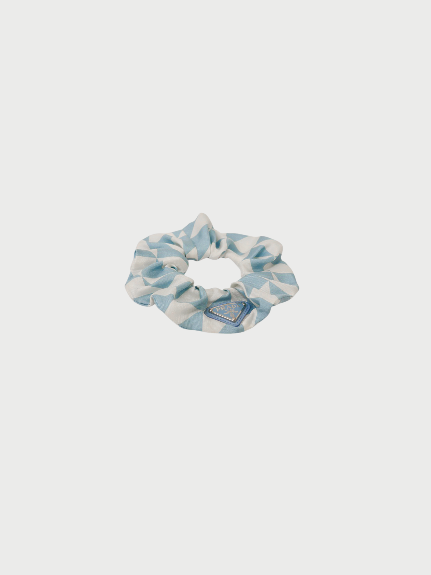 Prada 2020s Light Blue White Silk Triangle Logo Scrunchie