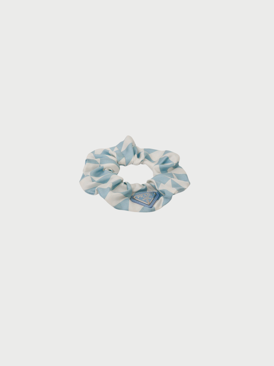 Prada 2020s Light Blue White Silk Triangle Logo Scrunchie