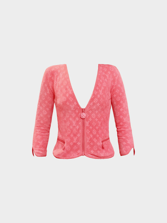Louis Vuitton 2010s Pink Velour Monogram Zip-up Cardigan Top