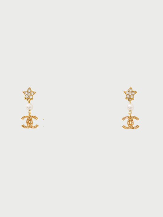 Chanel 2020 Gold Plated Metal COCO Rhinestone Pearl Earrings