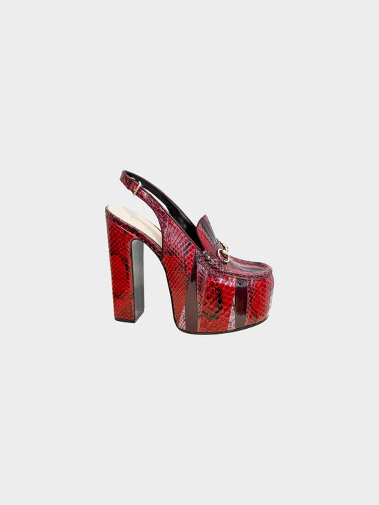 Gucci Fall 2024 Runway Red and Black Python Horsebit Platform Slingback Pumps