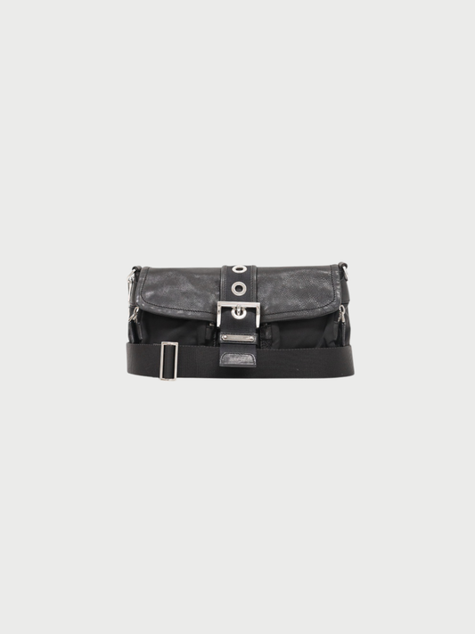 Prada 2000s Black Nylon Leather Triangle Logo One-Shoulder Bag