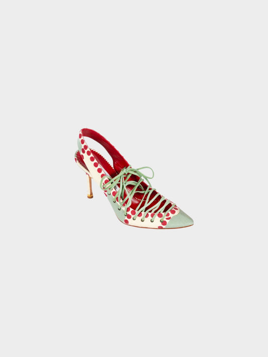 Manolo Blahnik 2010s Green and Red Polka Dot Print Lace-up Heels