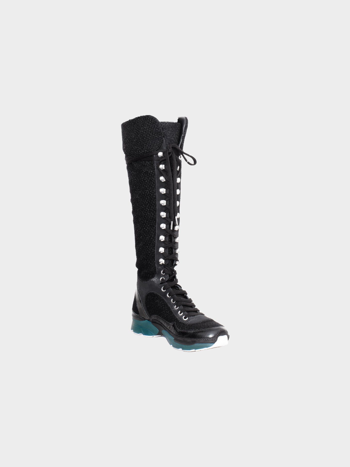 Chanel by Karl Lagerfeld FW 2014-2015 Runway Black Tweed and Patent Leather Lace-up High Sneaker Boots