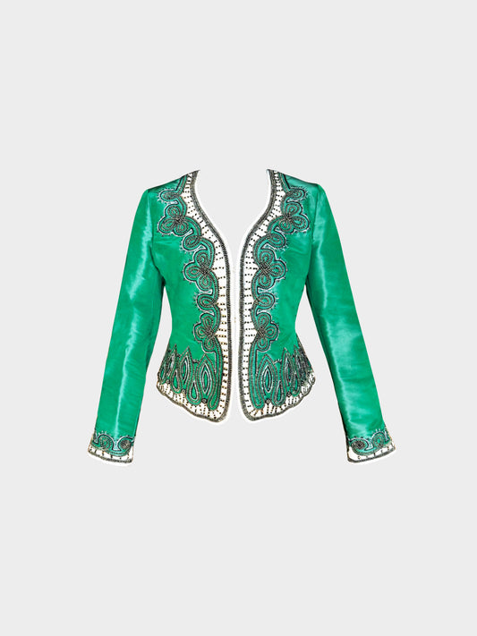 Roberto Cavalli 2000s Green and White Silk Embroidered Jacket