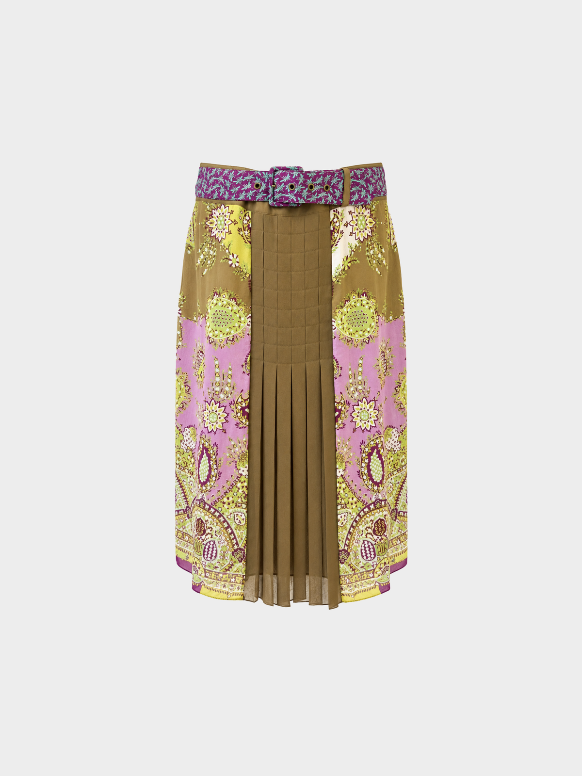 Etro 2000s Green Pink Purple Silk Chiffon Pleated Belted Skirt