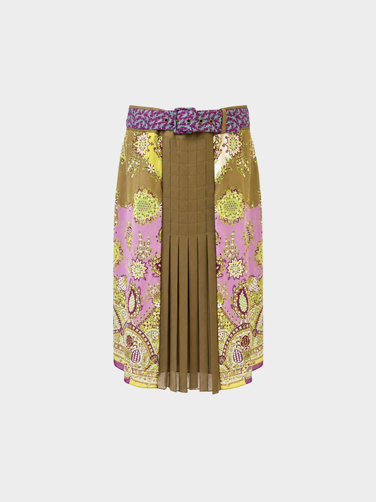 Etro 2000s Green Pink Purple Silk Chiffon Pleated Belted Skirt