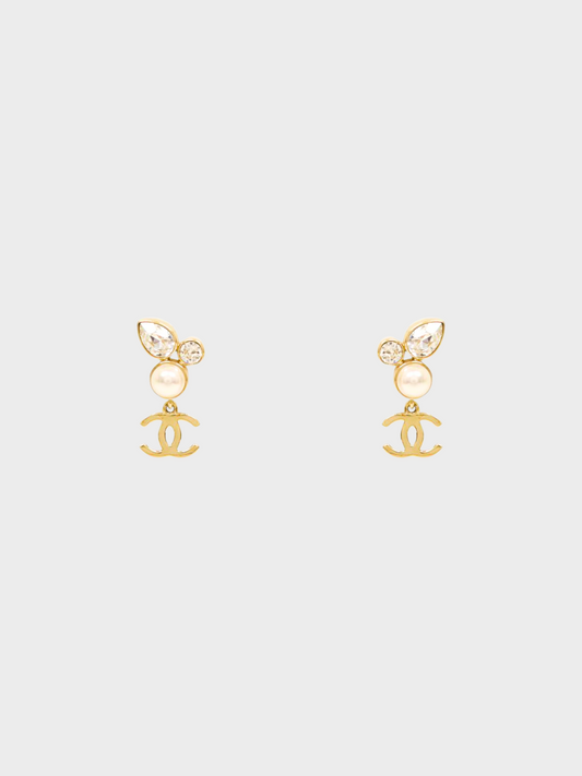 Chanel 2022 Gold Coco Rhinestone Pearl Hanging Earrings