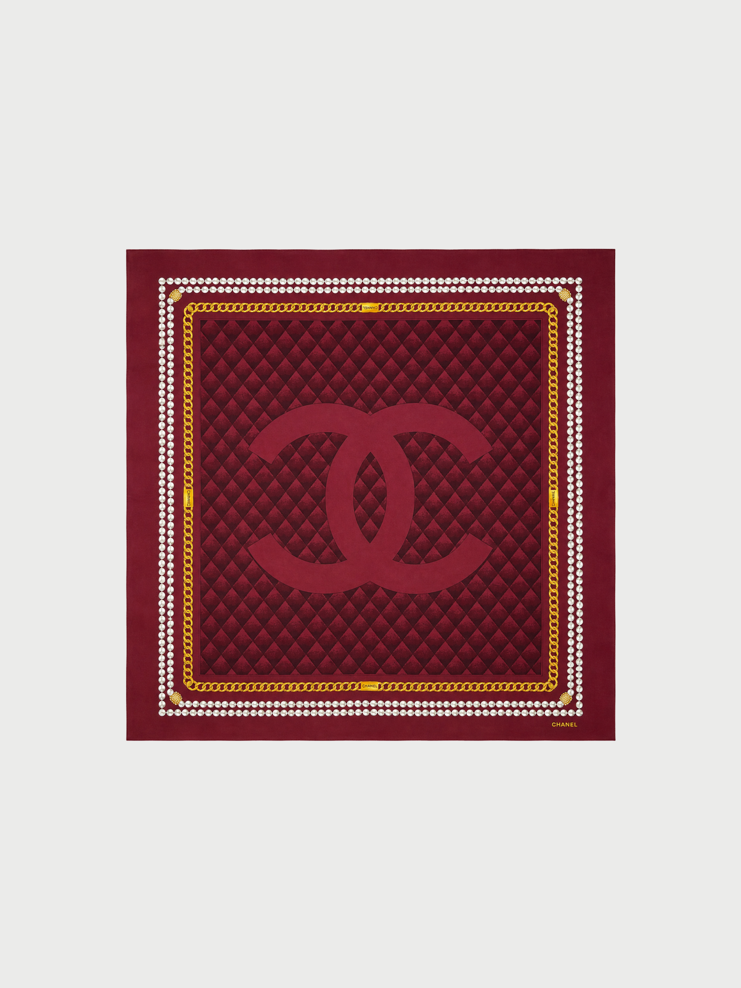 Chanel 1990s Burgundy Quilted Matelassé Pearl Border Silk Scarf
