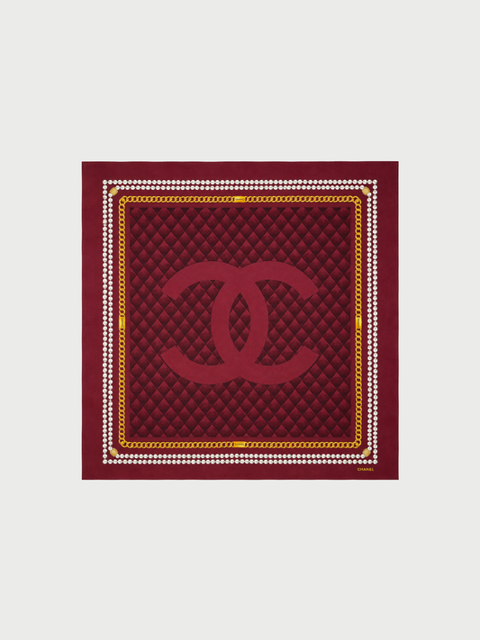 Chanel 1990s Burgundy Quilted Matelassé Pearl Border Silk Scarf