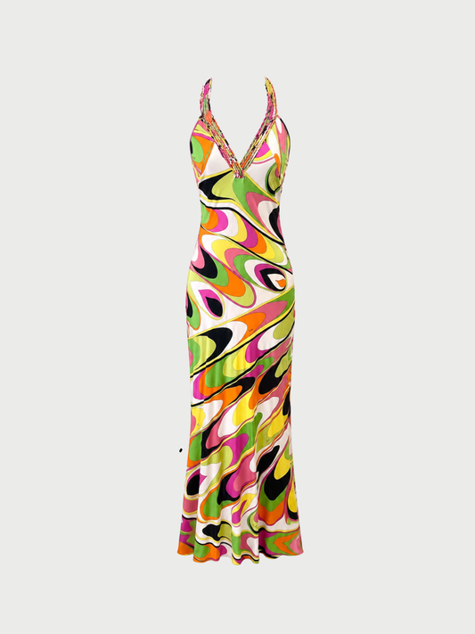 Emilio Pucci 2005 Multicolor Silk Jersey Chain Stitch Gown