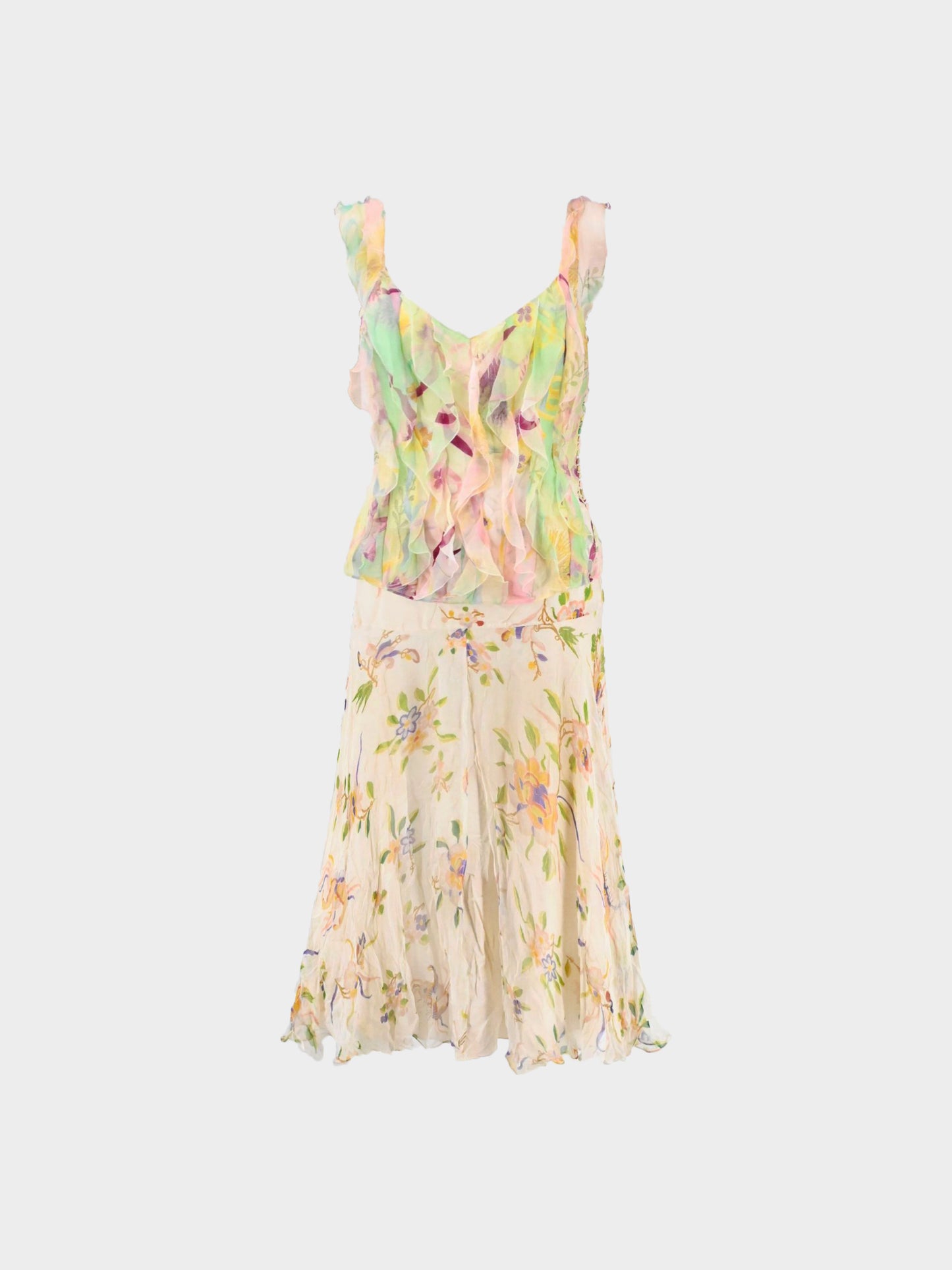 Christian Dior 2006 Multicolor Ruffled Floral Top and Flared Skirt Set