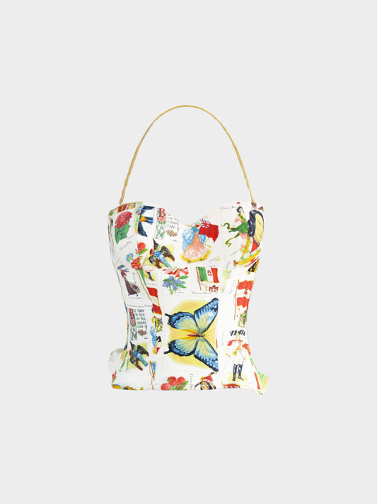 Christian Dior by John Galliano SS 2002 White Stamp Print Bustier Corset Top