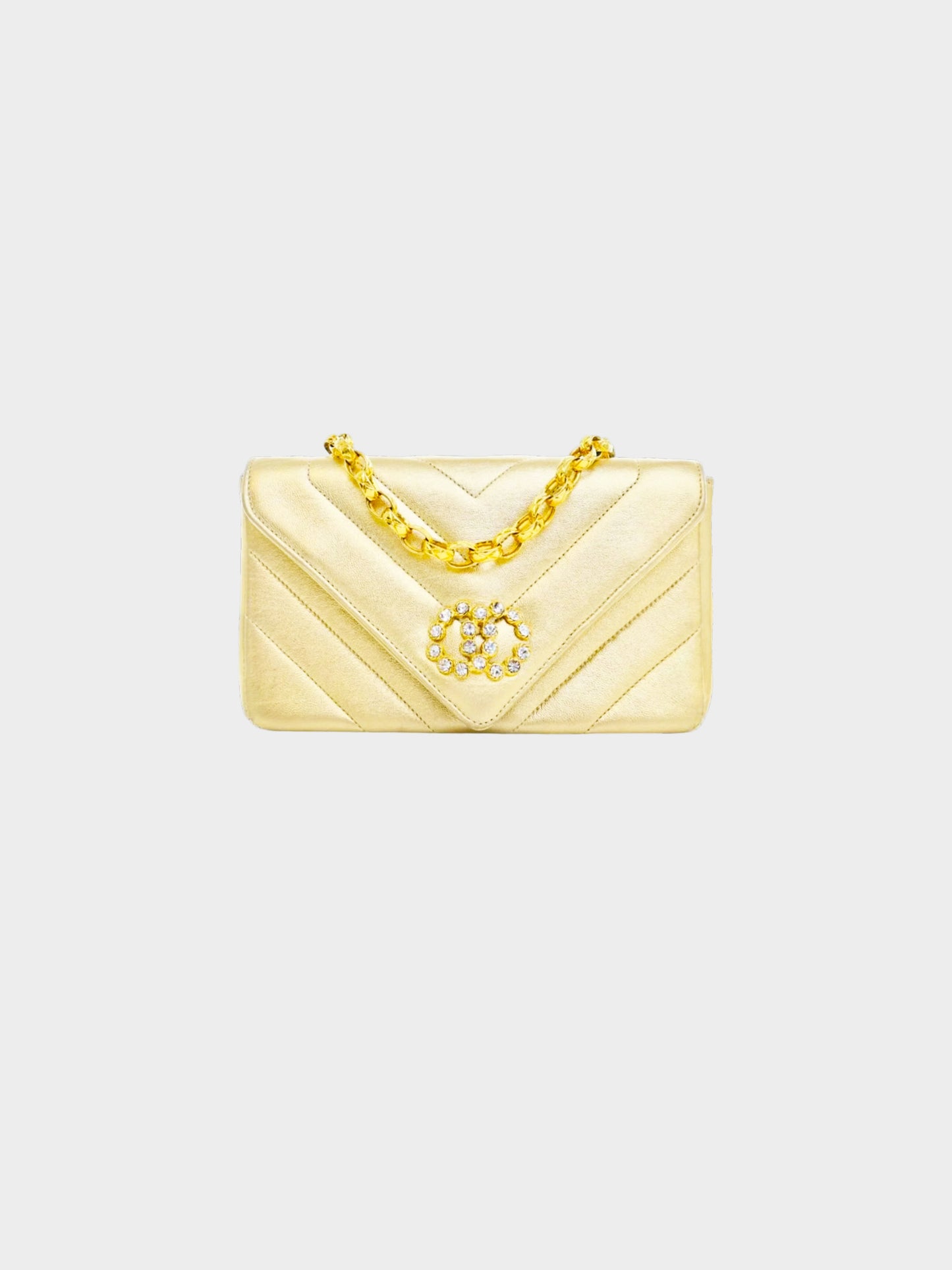 Chanel 1991-1994 Metallic Gold Chevron Stitch Bijoux Flap Bag