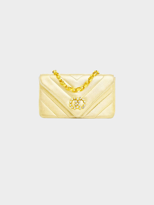 Chanel 1991-1994 Metallic Gold Chevron Stitch Bijoux Flap Bag