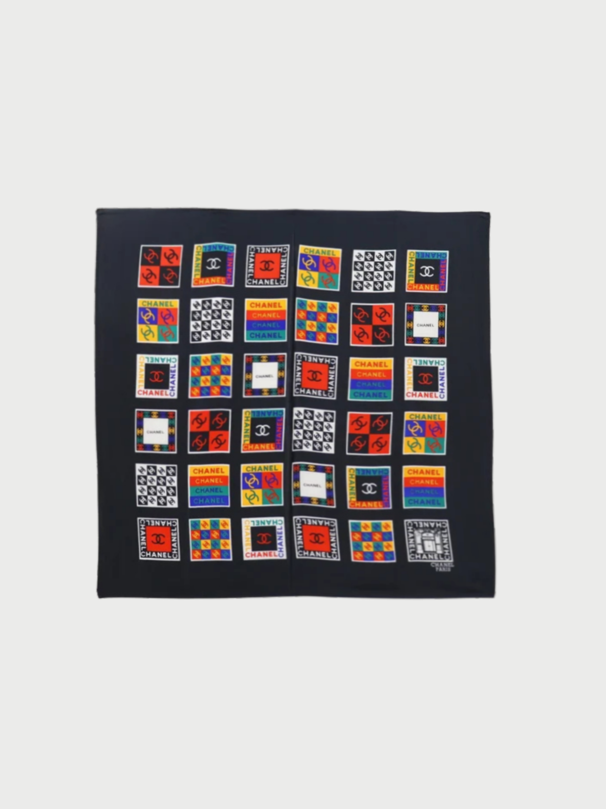 Chanel 2000s Black Multicolor Silk Pop Art Logo Scarf