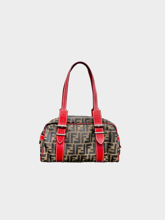 Fendi 2000s Tobacco Rosso Zucca Jacquard Canvas Belted Small Boston Satchel