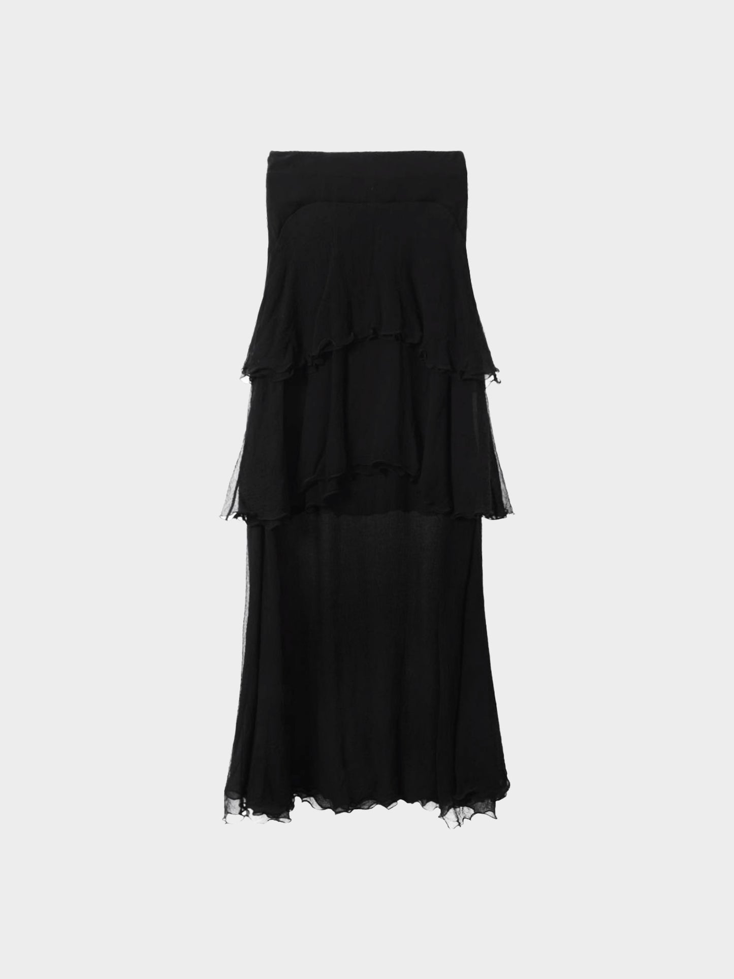 Chloe 2000s Black Silk Chiffon Ruffle Tiered Long Skirt