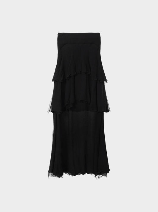 Chloe 2000s Black Silk Chiffon Ruffle Tiered Long Skirt