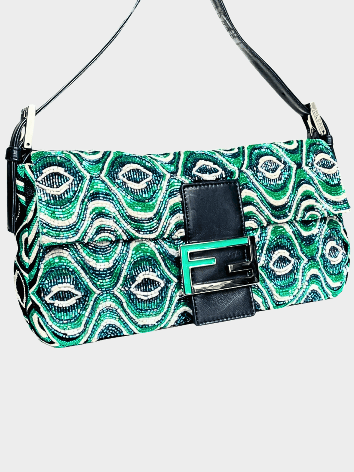 Fendi 2000s Beaded Green Baguette Shoulder Bag