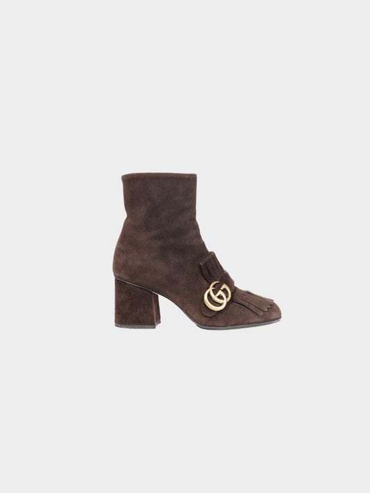 Gucci 2010s GG Marmont Chocolate Suede Fringed Ankle Boots
