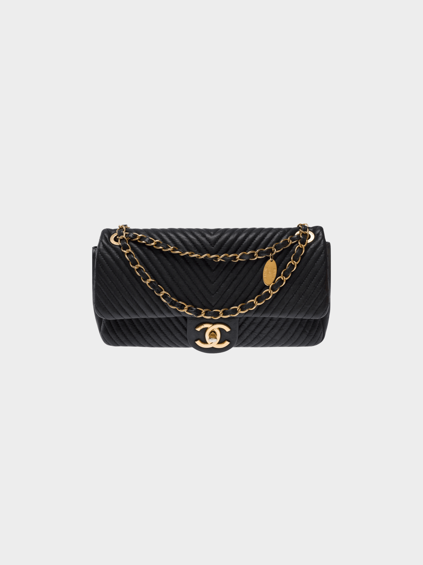 Chanel 2015 Black Chevron Leather Medallion Charm Flap Bag