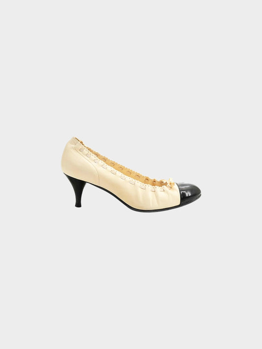 Chanel FW 2005 Ivory and Black Leather Ribbon Ballerina Pumps